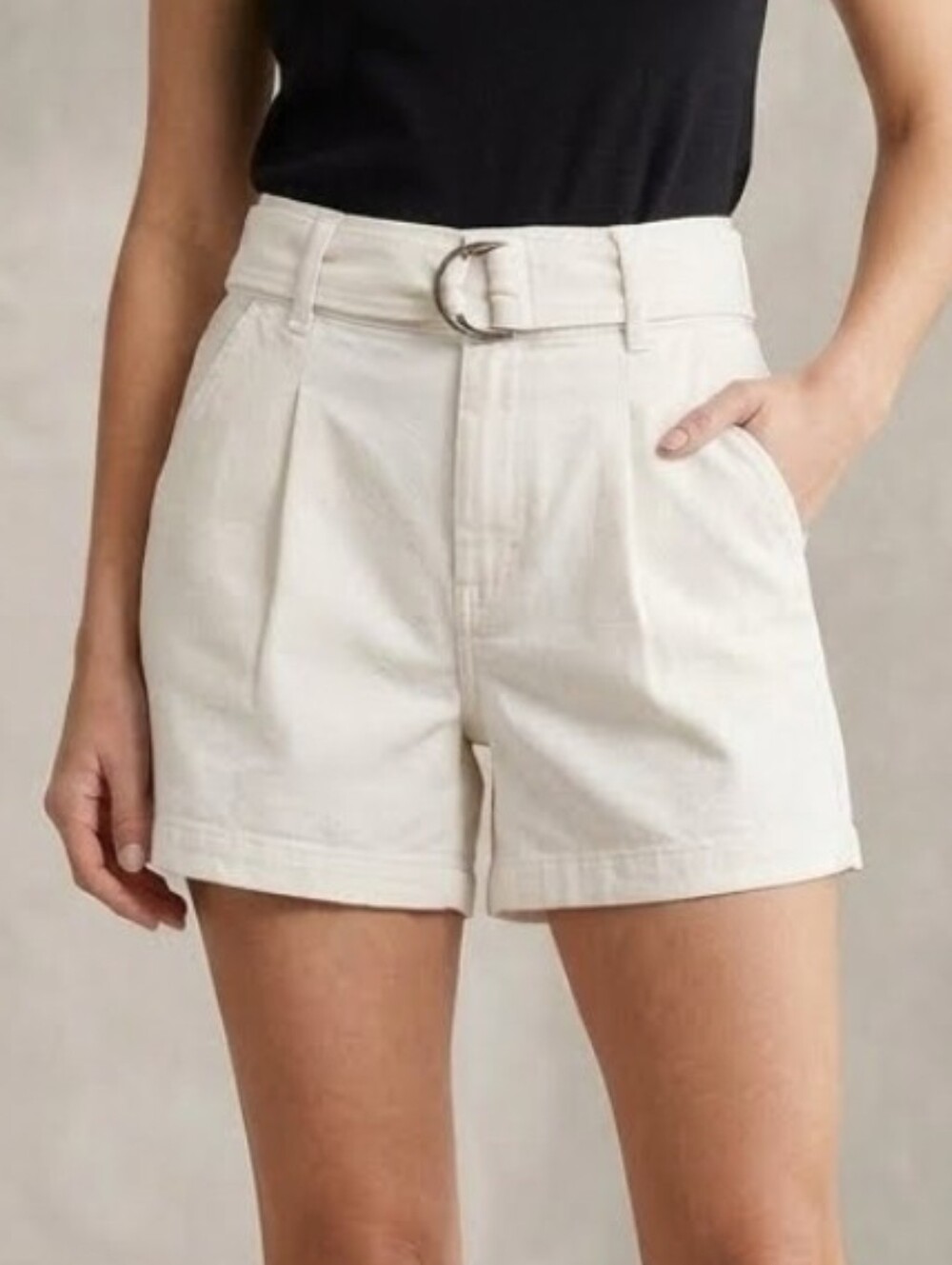 High-Waist Ivory Belted Women’s Shorts